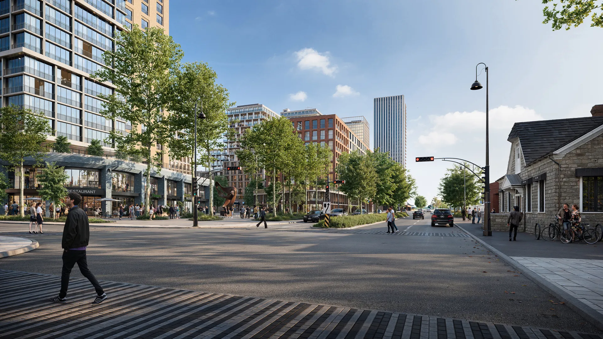 3d rendering in brisbane showing a modern mixed-use urban streetscape with tree-lined sidewalks, pedestrians, retail frontages, and contemporary residential towers at a city intersection.
